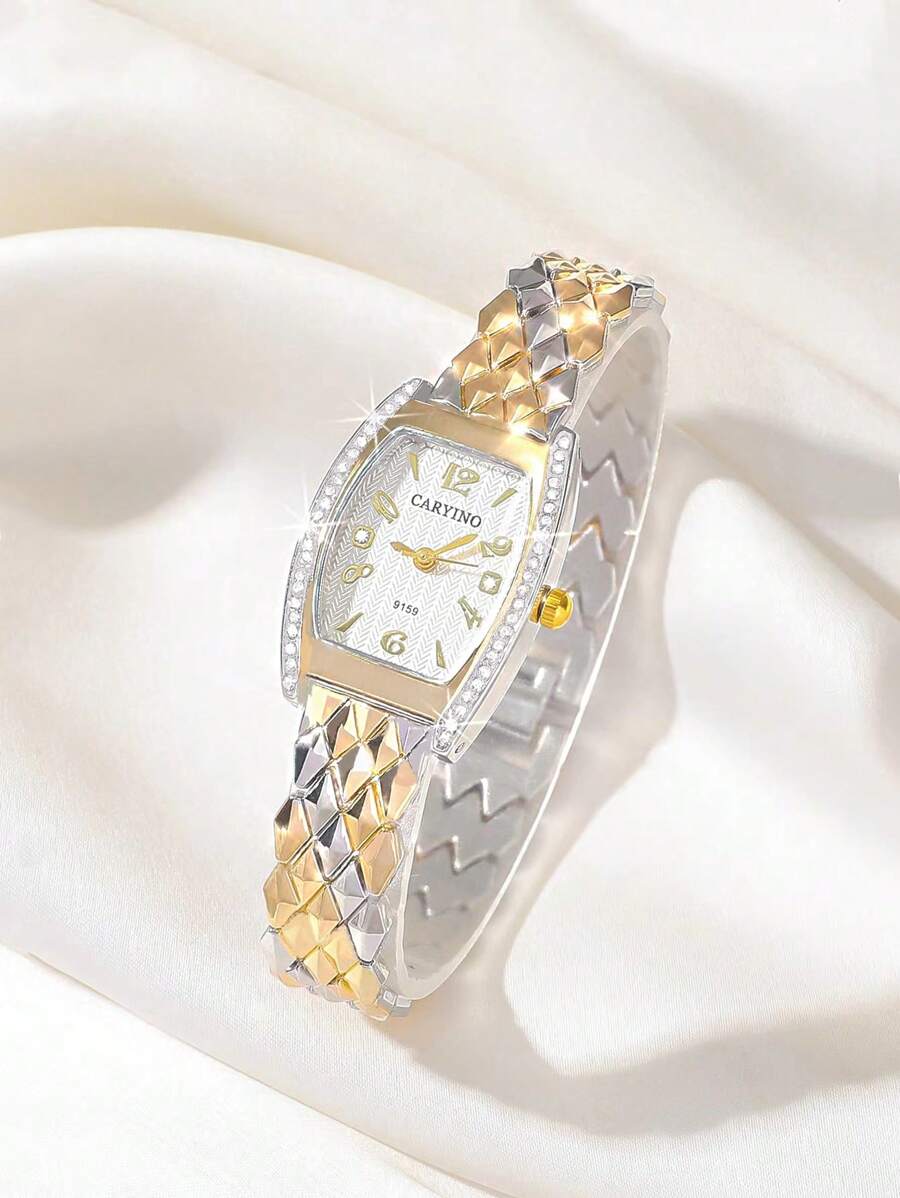 CARYINO 1 件女士不锈钢表带手表，优雅的菱形双金属设计，镶嵌钻石，适合日常佩戴 - 彩色 - 查看 1
