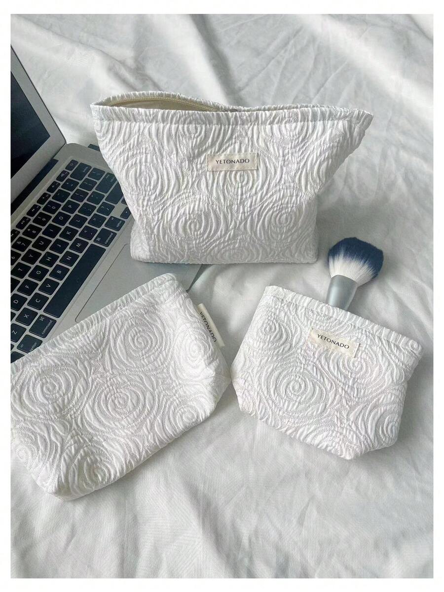 1pc White Rose Flower Pattern Cosmetic Bag Set, Includes Zipper Pouch