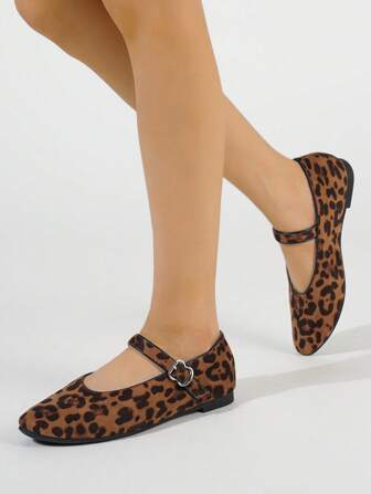 Ballet Flat Shoes For Women Leopard Print Mary Jane Shoes Ladies Comfortable Loafers Strap Buckle Women's Shoes 2024 New