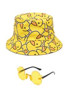 2 piezas/set Estilo casual y lindo para adolescentes, gorro cubo de pato amarillo y conjunto de gafas de sol de moda, adecuado para salidas diarias, vacaciones en la playa al aire libre, protección solar y sombra