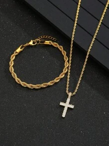 2pcs/Set Exquisite Sparkling Pave Zirconia Cross Pendant Stainless Steel Twisted Rope Chain Necklace & Bracelet For Boys Girls Punk Hip Hop Street Party Accessory Gift For Daily Life Fine Jewelry