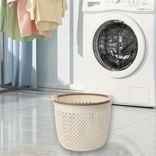 1 件大号塑料脏衣服篮带手柄，防水洗衣储物篮 - 米色 - 查看 3