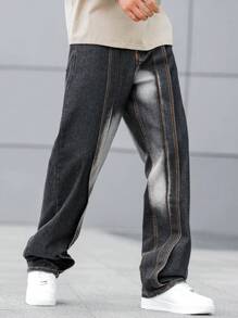 1pc Simple Dark Grey Men's Denim Baggy Jeans - Dark Grey - View 1