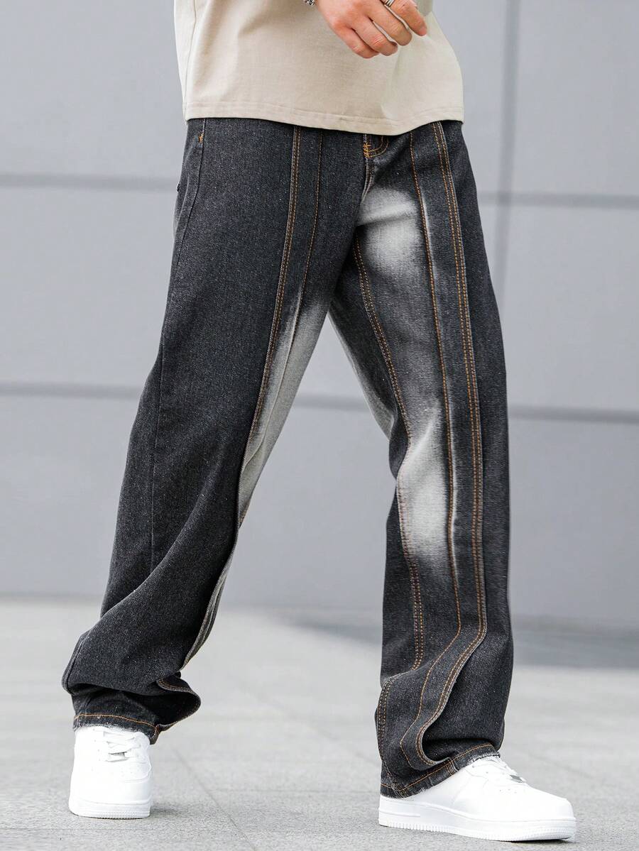 1pc Simple Dark Grey Men's Denim Baggy Jeans - Dark Grey - View 1