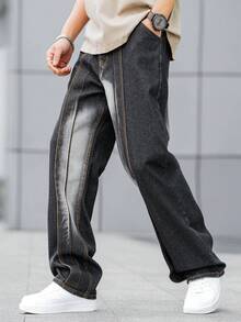 1pc Simple Dark Grey Men's Denim Baggy Jeans - Dark Grey - View 4