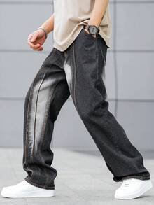 1pc Simple Dark Grey Men's Denim Baggy Jeans - Dark Grey - View 6