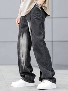 1pc Simple Dark Grey Men's Denim Baggy Jeans - Dark Grey - View 8