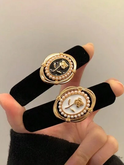 2 piezas Pasadores/Pinzas para el cabello de estilo princesa elegante y dulce con estampado floral de rosa, terciopelo y perlas, apropiados para uso diario, escuela, trabajo, reuniones, fiestas, vacaciones y regalos para mujer. Accesorios para el cabello con flores y estilo barroco, casual, simple, lindo y elegante.