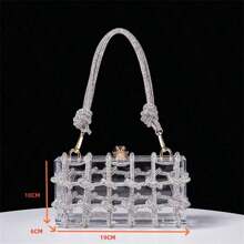 1pc Solid Color Acrylic Transparent Clutch Bag With Sparkling Crystal Woven Ropes Handle, Party Handbag - Silver - View 8