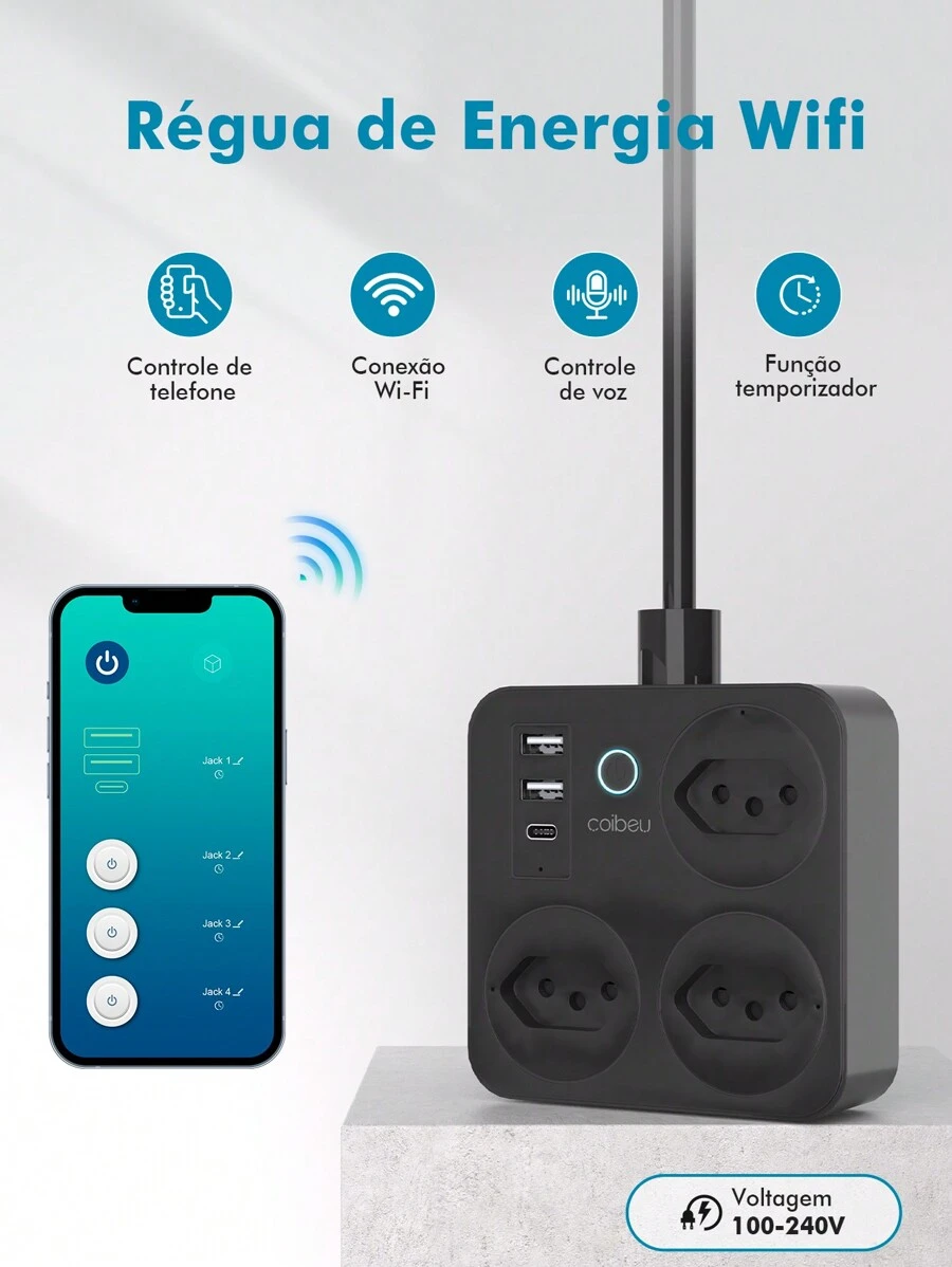 Tuya Smartphone Controlled Multi-Socket Power Filter,3 Sockets 3 USB,AC100-240V - 黑色 - 查看 1