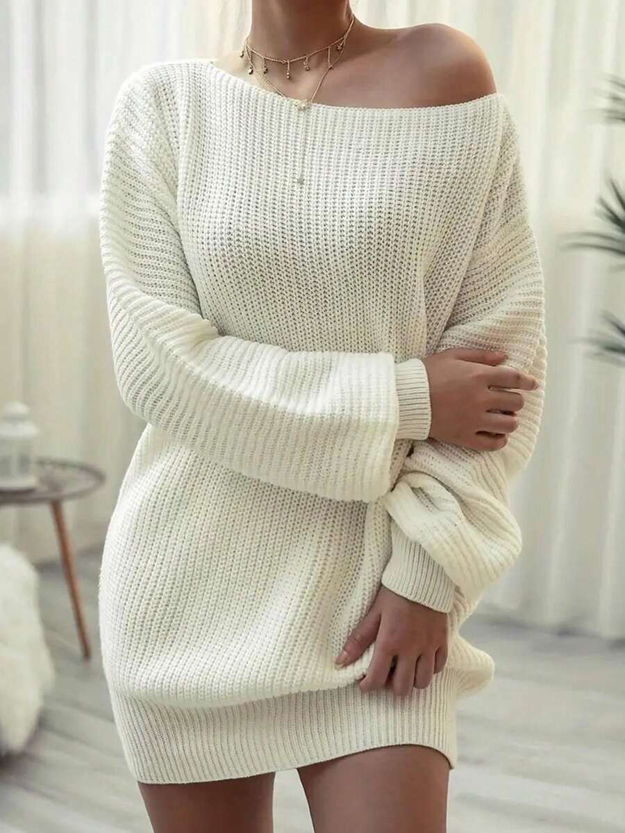 新款女士休闲纯色长袖单肩针织毛衣连衣裙,秋冬白色 - 白色 - 查看 1
