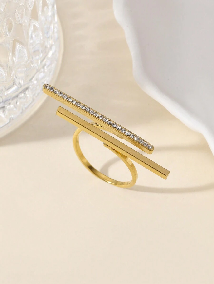 1pc Fashionable Minimalist Elongated Stainless Steel Ring With Rhinestones - Yellow Gold - View 1