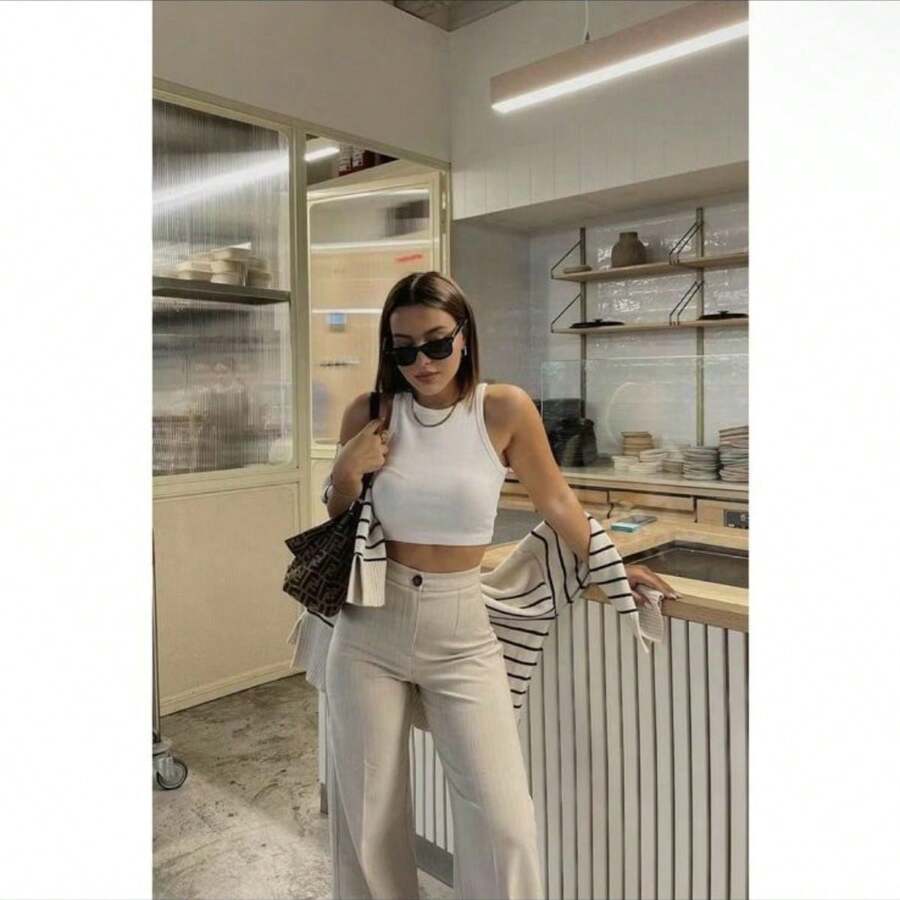 Mesh Simple Casual Tank Top & Shirt CROPPED RIBANA PROMOTION - 白色 - 查看 1