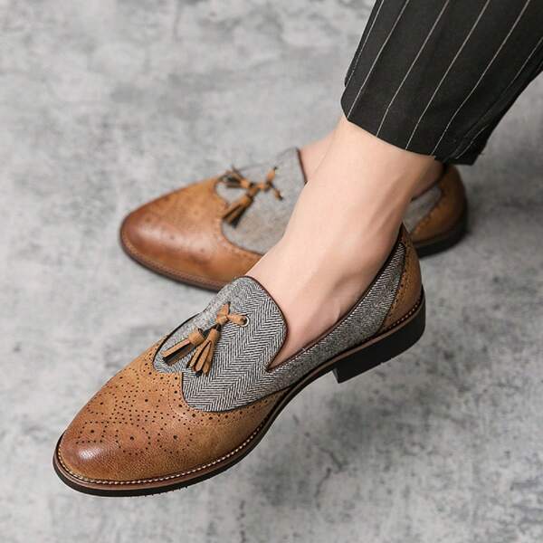 Men's Pointed Toe Carved Flower Slip-On Tassel Loafers Mixed Leather Casual & Formal Shoes