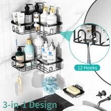 3 Pack Corner Shower Caddy,Adhesive Shower Caddy With Soap Holder And 20 Hooks, Rustproof Stainless Steel Shower Organizer, No Drilling Wall Mounted Shower Rack, For Bathroom, Kitchen - 黑色 - 查看 2