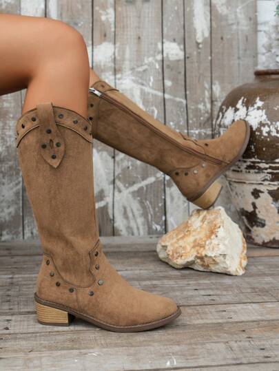 Retro Pointed Toe Thick Heel Riveted Suede Zipper Side Knee-High Boots, Fashion V-Cut Design