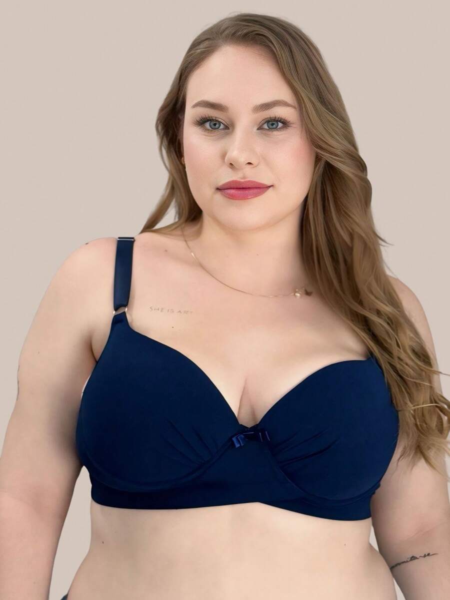 Plus Size Bra All In Microfiber Reinforced With Nicole Elastic Details. - 藏蓝色 - 查看 1