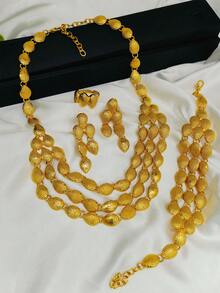 4 件套女士时尚首饰套装，包括项链、耳环、手链和戒指 - 适合欧洲、非洲、迪拜婚礼、派对、生日、节日和日常佩戴 - 金黃色 - 查看 2