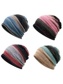 1pc Minimalist Casual Colorblock Striped Jacquard Knit Beanie, Warm Fabric, Unisex, Fashion Versatile Headwear For Outdoor Activities And Daily Wear, Multi-Color Options Autumn Outfits