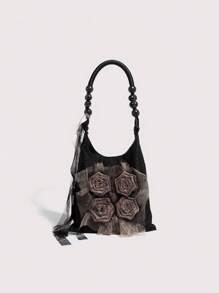 New Retro Grass Tie-Dye Rose Flower Bag Pleated Armpit Bag Commuter Tote Bag Shoulder Handbag Valentines - 黑色 - 查看 3