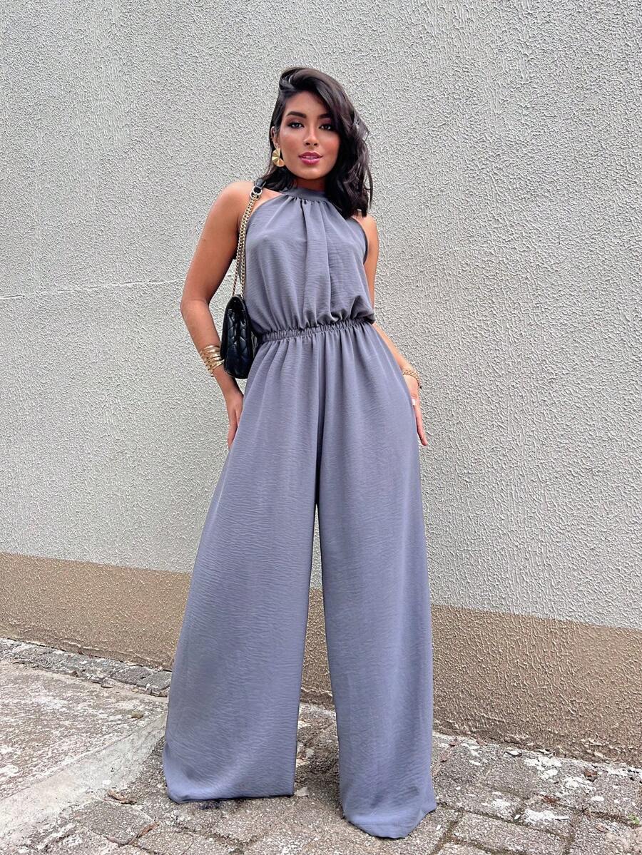 Women's Long Sleeveless Dune Fabric Jumpsuit - Xám - Xem 1