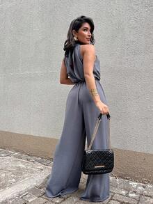 Women's Long Sleeveless Dune Fabric Jumpsuit - Xám - Xem 4