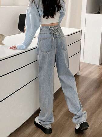Women's Button Fly High Waist Straight Leg Jeans
