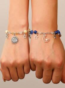 2pcs/Set Couple Beaded Bracelets With Heart, Star, Moon And Sun Charms, Gift Idea For Lovers - Sun and Moon - View 4