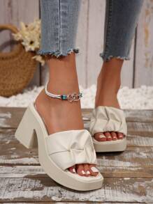 女式防水厚底拖鞋，系带夏季新款粗跟高跟鞋 - 米色 - 查看 5