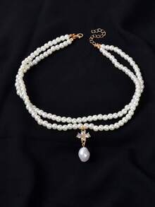 1 件全新奢华双层人造珍珠串珠链项链女士婚礼派对新娘首饰 - 白色 - 查看 2