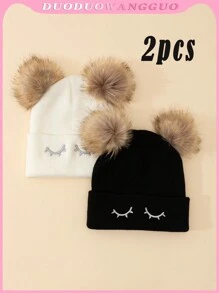 2 件套儿童和成人双绒球针织无檐小便帽，保暖冬季帽 - 2 pcs - 查看 2