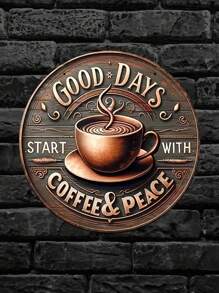 1 Stück 2D flach, 3D-Effekt runde Holz-Wanddekoration, kreatives Zuhause "Guten Tag, Kaffee & Frieden" Schild, Heimdekoration, Raum Dekoration, Wanddekoration
