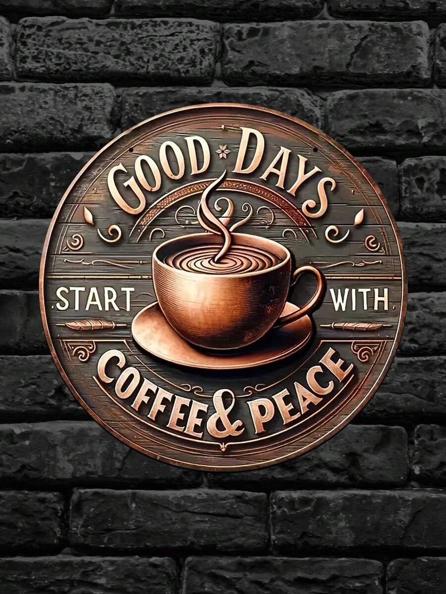 1 Stück 2D flach, 3D-Effekt runde Holz-Wanddekoration, kreatives Zuhause "Guten Tag, Kaffee & Frieden" Schild, Heimdekoration, Raum Dekoration, Wanddekoration