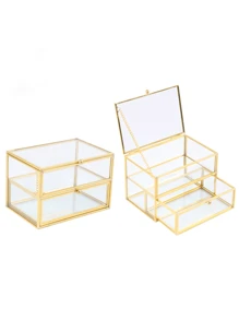 1PC Glass Jewellery Box Clear Trinket Box Vanity Rings Earrings Box Organizer Display Case Decorative Keepsake Box With Lid For Home Wedding Birthday Gift (Gold)-(Chain Style Is Random) Back To School