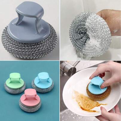 1/3pcs Removable Stainless Steel Wire Ball Cleaning Brush, Non-Shedding, Non-Sticking, Non-Damaging Scrubber For Dishwashing And Kitchen Cleaning, Handy And Clean Kitchen Tool, Suitable For Dish, Oil And Bathroom Cleaning, Dish Brush, Pot Brush, Pot Cleaning Ball Brush, Non-Stick Pan Cleaning Brush, User-Friendly Design With Handle, New Steel Ball Brush, Pot Brush, Kitchen Utensils