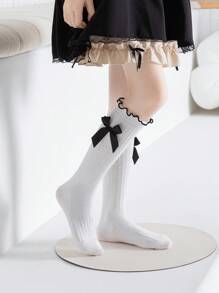 3 Pairs Girls Knee High Socks, Solid White, Striped, Double Stripes, Big Lace Trim, Small Lace Trim, Ruffled, Bowknot, Straight Leg Styles, Cute Princess College Style Socks For Spring, Autumn, Suitable For Daily Lace Socks, Party Princess Socks, Holidays, Back To School Season, Delicate And Adorable Versatile, Can Be Paired With Leather Shoes, Sneakers, Loafers, Back To School, Students, New Semester, College