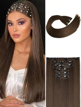 1-Piece 6 Pieces Clip Style Hair Extension With 16 Clips Synthetic 24 Inch Extended Long Straight Hair Extension (Chestnut Brown), Suitable For Women's Daily Use