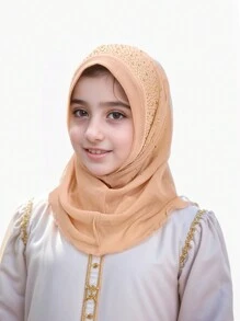 1pc Sequined Solid Color Elastic Convenient Beanie Headscarf For Girl, Handmade Chain Decor Hijab Turban Cap