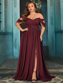 QOQ Plus Size Bridesmaid Dress, Summer High-End Women's Formal Dress, Romantic Wedding, Formal Event, Wedding Guest Solid Color Chiffon Maxi Dress - Burgundy - View 6