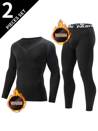 2pcs/Set Men's Thermal Compression Underwear, Skiing Warm Outfit, Compression Base Layer Top And Bottoms, Men's Fitness Workout Pants + Shirt