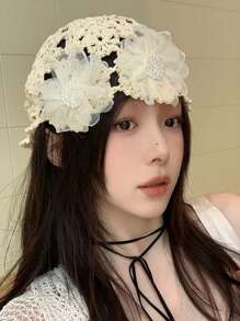 1Pc Sweet Flower Hollow Out Knitted Hat Travel High-End Faux Pearl Retro Knitted Hat Ladies Fashion All-Match Melon Skin Hats - 彩色 - 查看 8