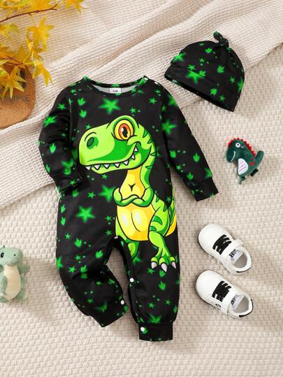 2pcs/Set Infant Toddler Long Sleeve Dinosaur Romper & Hat, Lightweight Soft Outdoor Photography Outfit