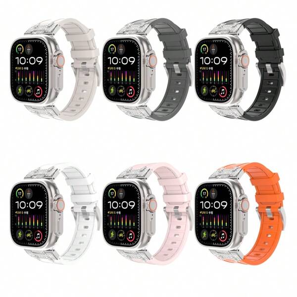 1 pièce Bracelet de montre en silicone avec adaptateur en métal décoré de strass compatible avec Apple Watch Ultra2/SE/9/8/7/6/5/4/3/2/1 de 38/40/41/42/44/45/49mm