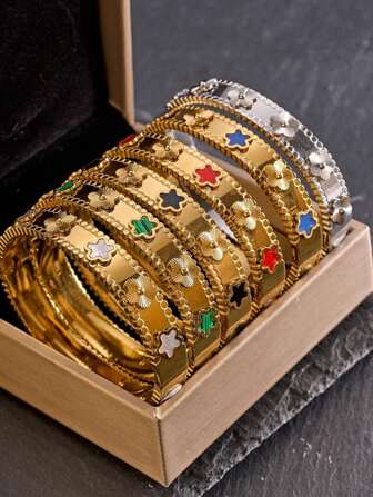 1pc Premium Stainless Steel Pentagram, Clover, Flower Design Bangle Bracelet, Vintage Style Women Wrist Chain, Suitable For Daily Wear & Gift Valentines,Mom,Mother,Mother's Day,Gift