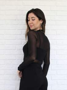 Basic Plain Tulle Body With Round Neck Long Sleeves - màu đen - Xem 3