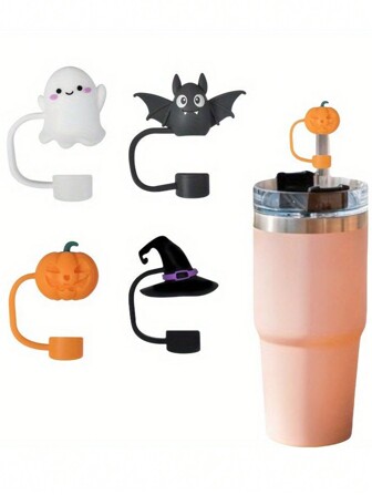 1/4 piezas Mangas de silicona para pajitas: Diseños de fantasma, murciélago, sombrero de bruja y calabaza - se ajusta a pajitas de 10 mm, utensilios de cocina, regalo de Navidad, artículos escolares