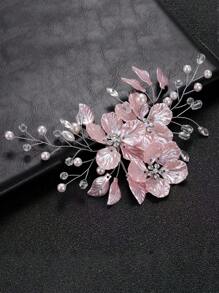 1pc New Korean Style Bridal Wedding Headpiece, Handmade Pink Shell Petal & Pearl Crystal Hair Clip Accessory