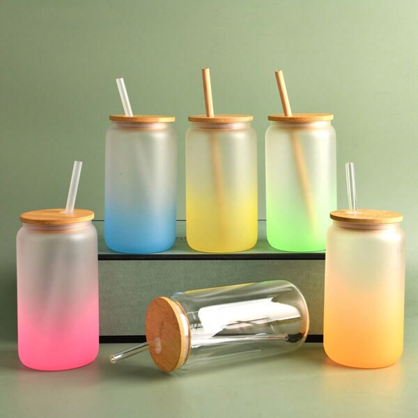 An 18oz Glass Cup (With Lid And Straw), Beer Cup, Milk Tea Cup, Jar Shaped Glass Cup (For Sublimation And Casual Use), Suitable For Gatherings, Hot And Cold Drinks, Coffee, Fruit Tea, Milk