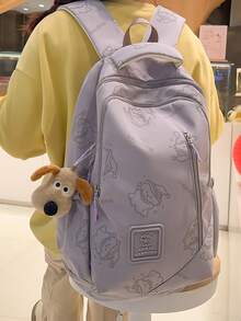 1 件紫色尼龙休闲学院风卡通印花大容量可折叠防水多口袋拉链背包（不含配件），适合青少年、学生、毕业生、日常上学、通勤、购物、旅行 - 返校礼物 - 紫色 - 查看 5