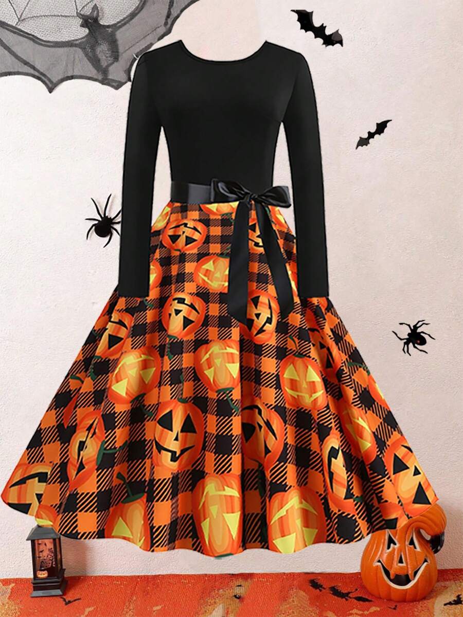 復古萬聖節南瓜和骷髏印花圓領高腰長袖拼接擴襬連衣裙 - 黑色 - 查看 1